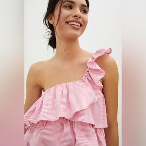 Maeve by Anthropologie Ruffled One-Shoulder Pink Blouse